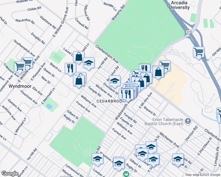 map of restaurants, bars, coffee shops, grocery stores, and more near 8566 Provident Road in Philadelphia