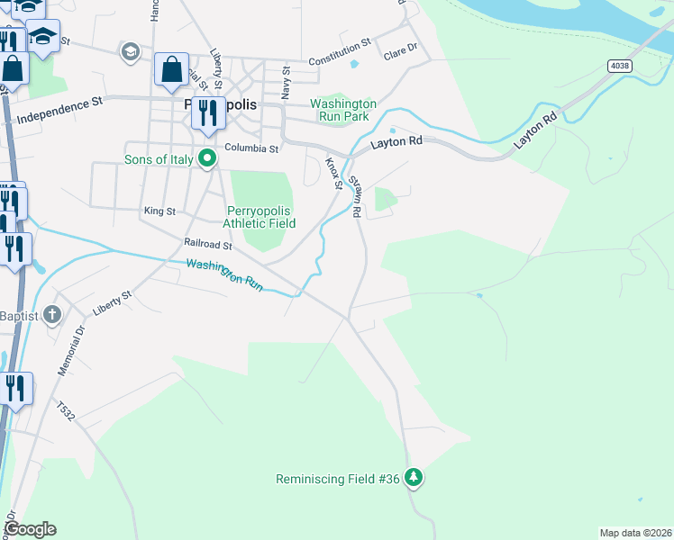 map of restaurants, bars, coffee shops, grocery stores, and more near 149 Strawn Road in Perryopolis