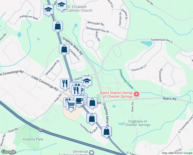 map of restaurants, bars, coffee shops, grocery stores, and more near Graphite Mine Road in Chester Springs