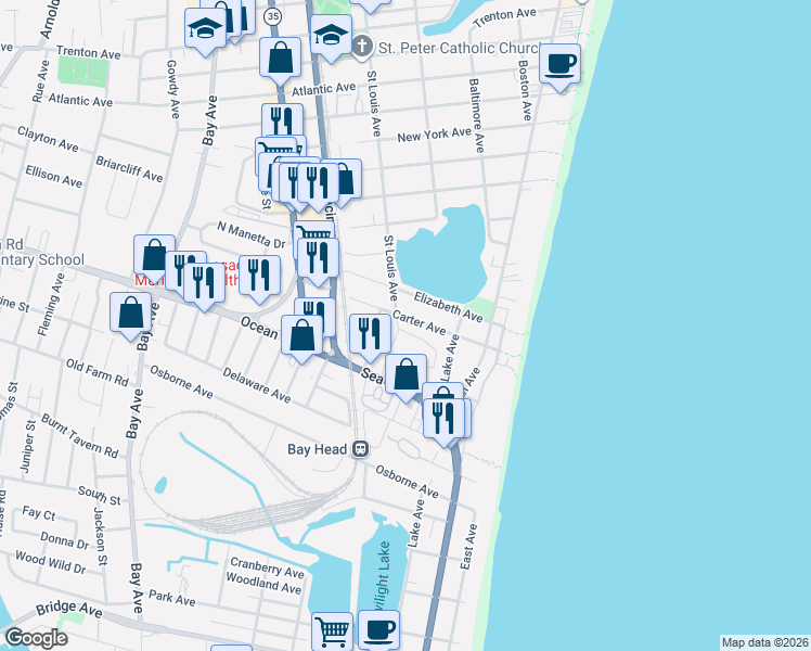 map of restaurants, bars, coffee shops, grocery stores, and more near 325 Carter Avenue in Point Pleasant Beach
