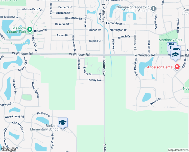 map of restaurants, bars, coffee shops, grocery stores, and more near 2523 Leeper Drive in Champaign
