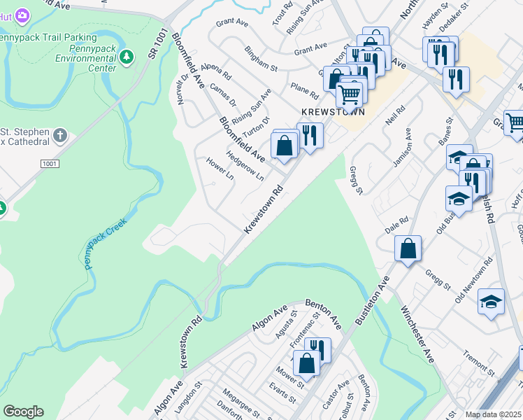 map of restaurants, bars, coffee shops, grocery stores, and more near 8800 Krewstown Road in Philadelphia