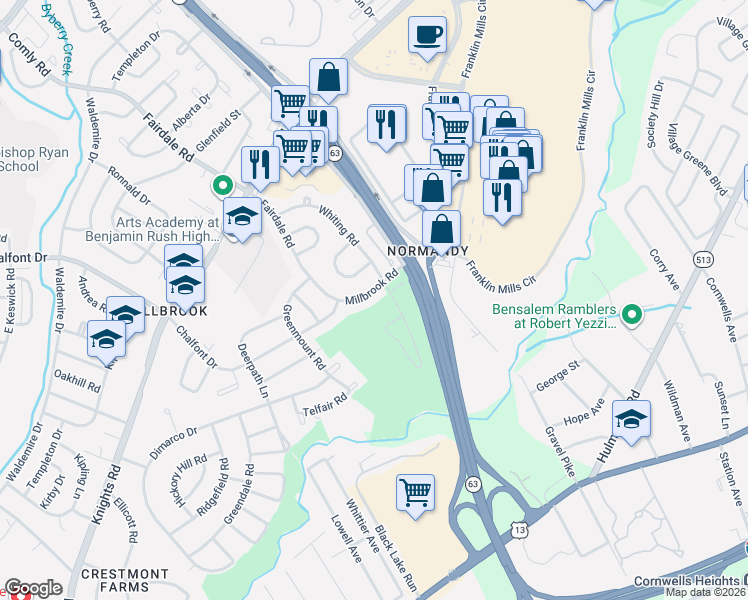 map of restaurants, bars, coffee shops, grocery stores, and more near 12036 Millbrook Road in Philadelphia