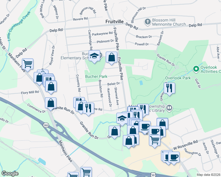 map of restaurants, bars, coffee shops, grocery stores, and more near 413 Belair Drive in Lancaster