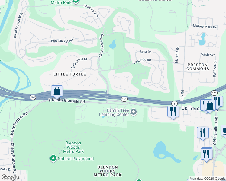 map of restaurants, bars, coffee shops, grocery stores, and more near 5148 Flintrock Drive in Westerville
