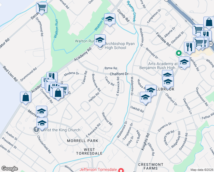 map of restaurants, bars, coffee shops, grocery stores, and more near 10930 Carey Plaza in Philadelphia