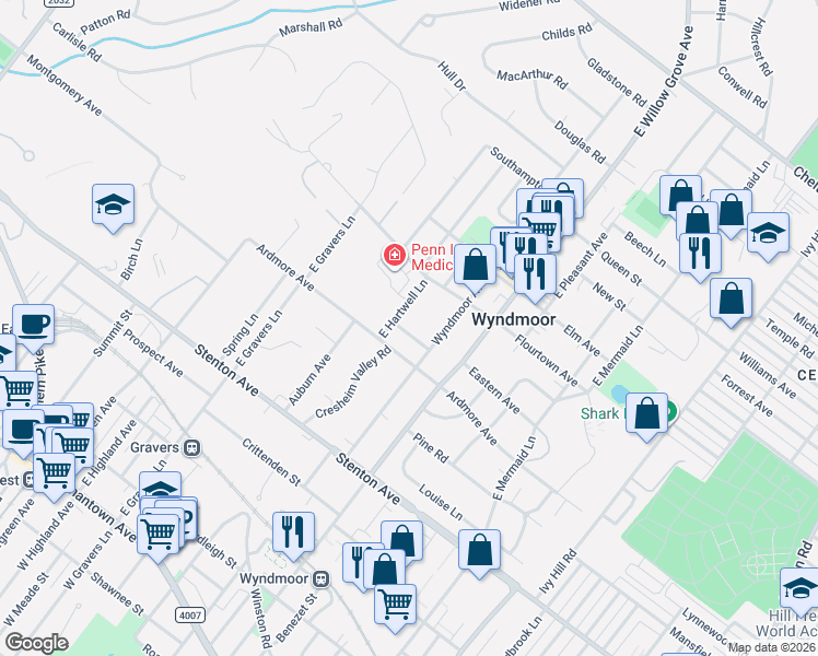 map of restaurants, bars, coffee shops, grocery stores, and more near 706 East Hartwell Lane in Wyndmoor