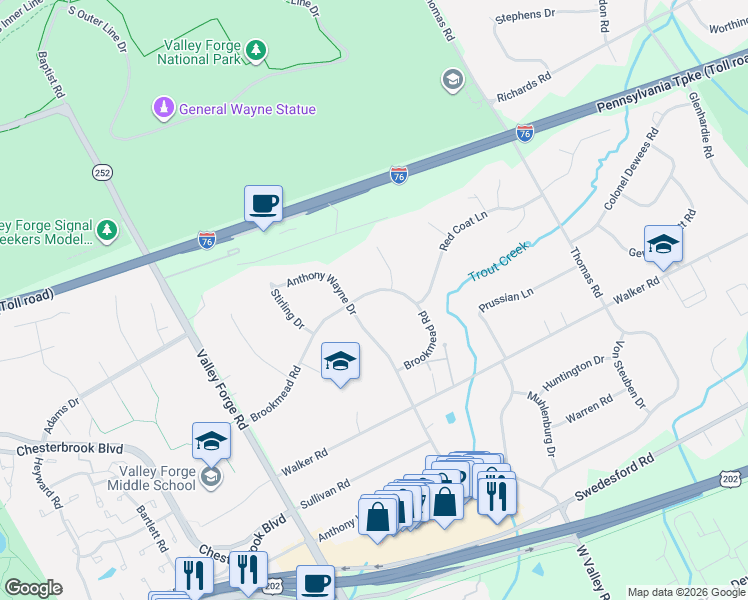 map of restaurants, bars, coffee shops, grocery stores, and more near 1416 Woodford Drive in Wayne