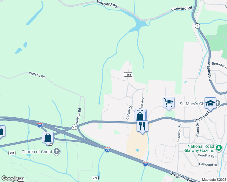 map of restaurants, bars, coffee shops, grocery stores, and more near 68600-68620 Township Highway 1466 in St Clairsville