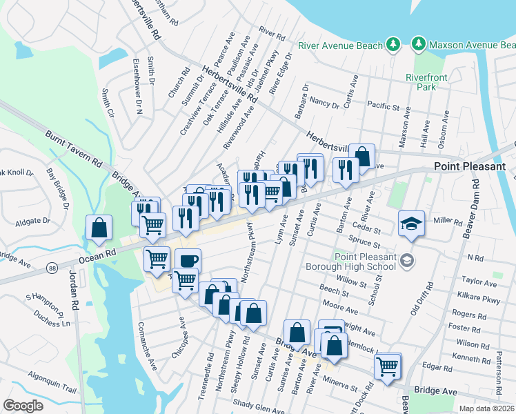 map of restaurants, bars, coffee shops, grocery stores, and more near 622 Marshall Drive in Point Pleasant
