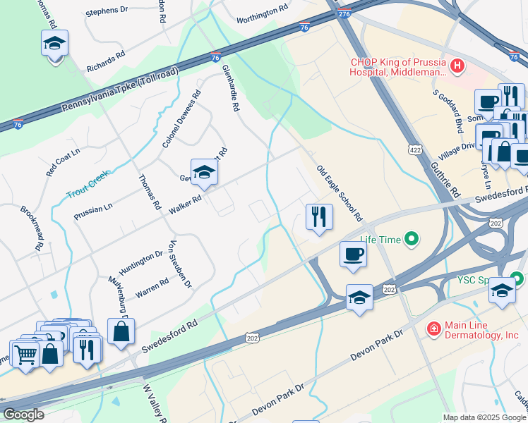 map of restaurants, bars, coffee shops, grocery stores, and more near 206 House Way in Wayne