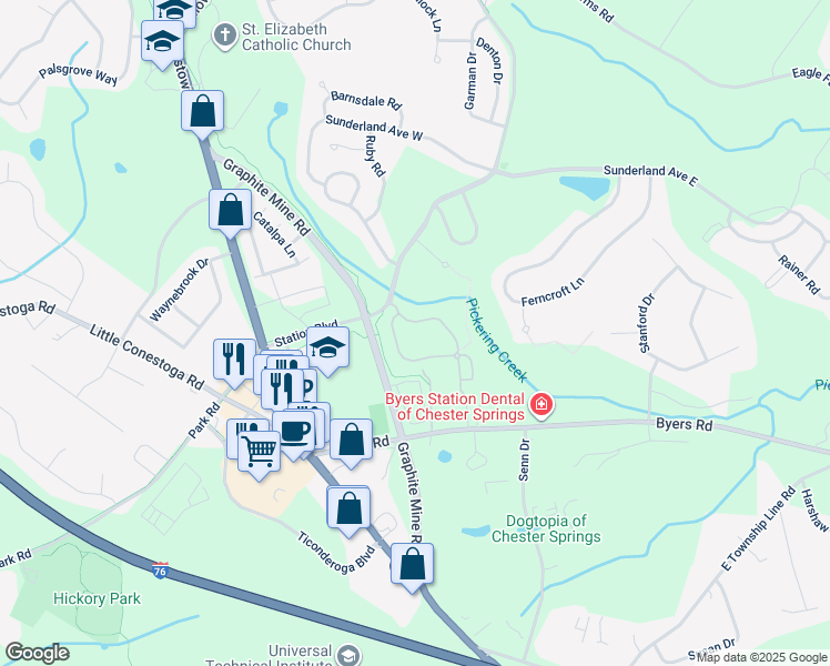 map of restaurants, bars, coffee shops, grocery stores, and more near 202 Flagstone Road in Chester Springs