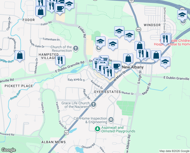 map of restaurants, bars, coffee shops, grocery stores, and more near 160 Market Street in New Albany
