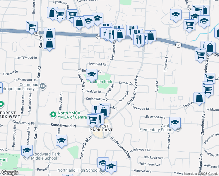 map of restaurants, bars, coffee shops, grocery stores, and more near 5543 Durrell Road in Columbus