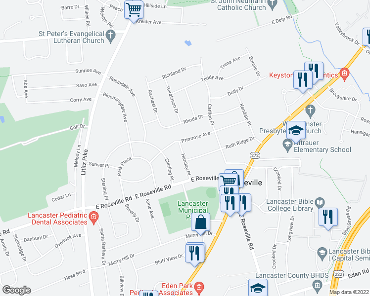 map of restaurants, bars, coffee shops, grocery stores, and more near 1937 Harclay Place in Lancaster