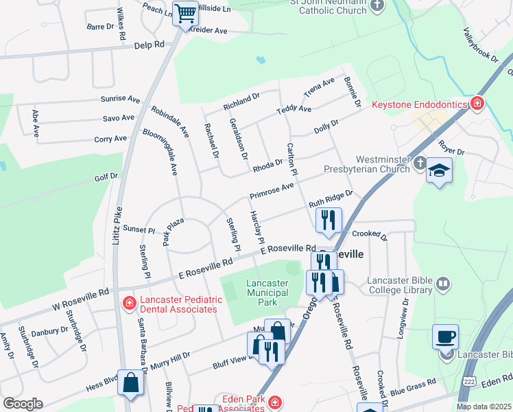 map of restaurants, bars, coffee shops, grocery stores, and more near 1937 Harclay Place in Lancaster