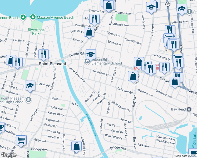 map of restaurants, bars, coffee shops, grocery stores, and more near 1232 William Street in Point Pleasant