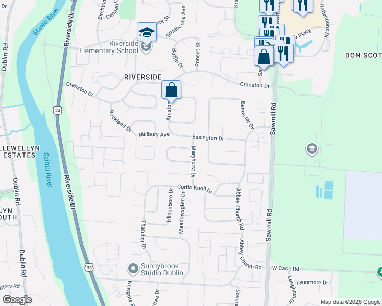 map of restaurants, bars, coffee shops, grocery stores, and more near 6222 Maryhurst Drive in Dublin