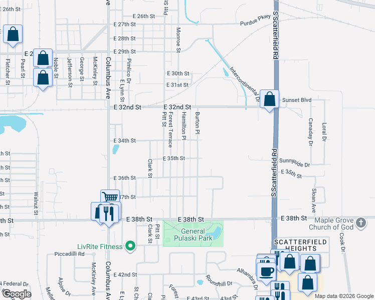 map of restaurants, bars, coffee shops, grocery stores, and more near 3401 Hamilton Place in Anderson