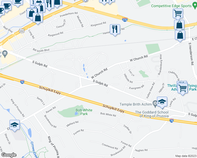 map of restaurants, bars, coffee shops, grocery stores, and more near 440 South Gulph Road in King of Prussia