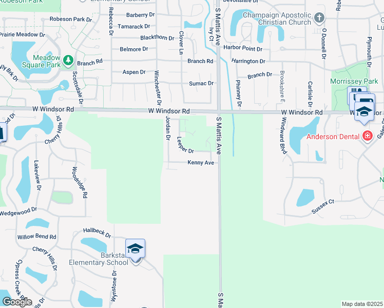 map of restaurants, bars, coffee shops, grocery stores, and more near 2519 Leeper Drive in Champaign