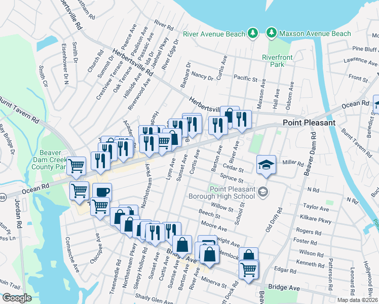 map of restaurants, bars, coffee shops, grocery stores, and more near 2806 New Jersey 88 in Point Pleasant