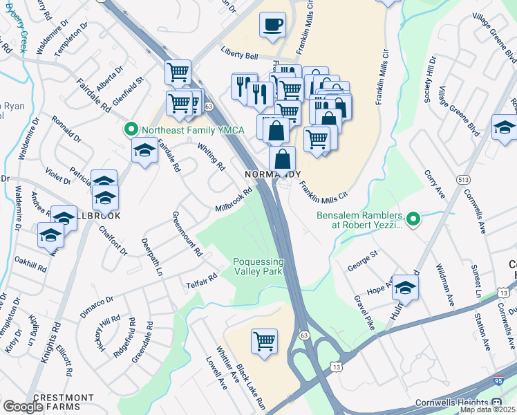 map of restaurants, bars, coffee shops, grocery stores, and more near 4365 Whiting Road in Philadelphia