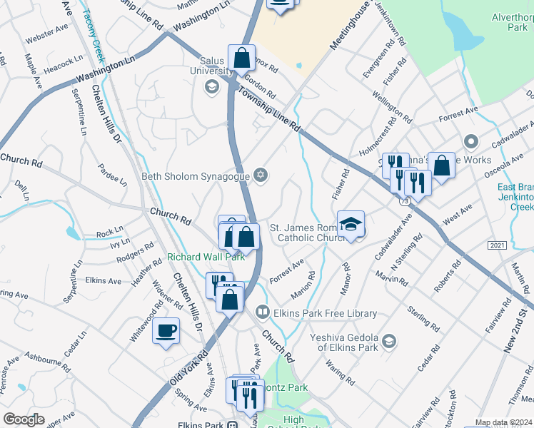 map of restaurants, bars, coffee shops, grocery stores, and more near 8231 Old York Road in Elkins Park