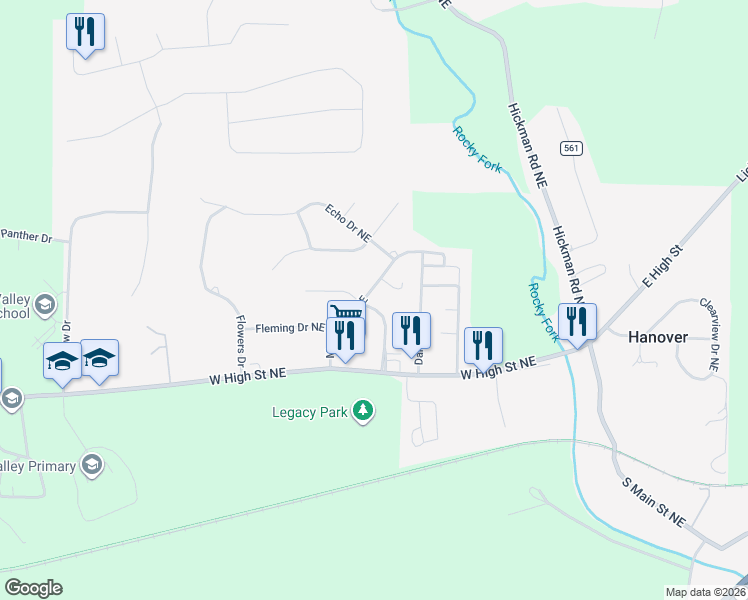 map of restaurants, bars, coffee shops, grocery stores, and more near 301 Meadow Drive Northeast in Newark