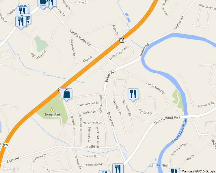 map of restaurants, bars, coffee shops, grocery stores, and more near 2130 Butter Road in Lancaster