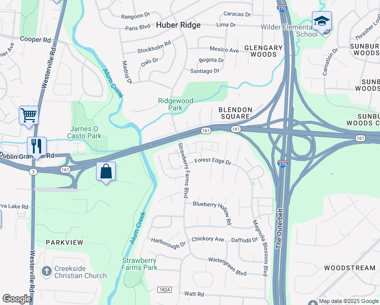 map of restaurants, bars, coffee shops, grocery stores, and more near Hoover Forest Lane in Columbus