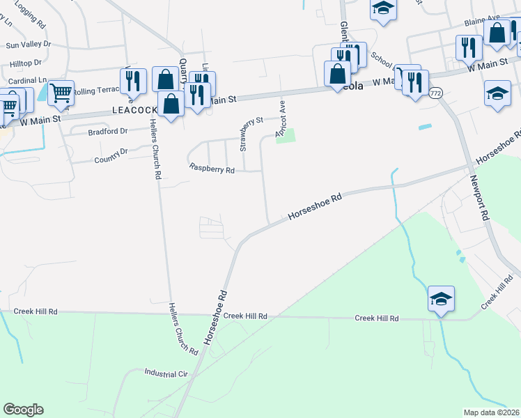 map of restaurants, bars, coffee shops, grocery stores, and more near 77 Apricot Avenue in Leacock-Leola-Bareville