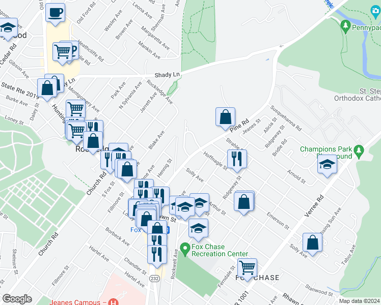 map of restaurants, bars, coffee shops, grocery stores, and more near 8222 Pine Road in Philadelphia