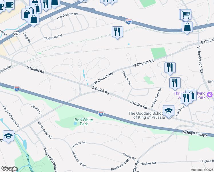 map of restaurants, bars, coffee shops, grocery stores, and more near 529 West Church Road in King of Prussia