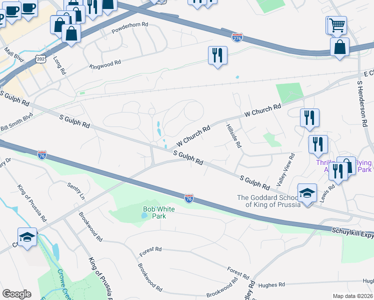 map of restaurants, bars, coffee shops, grocery stores, and more near 440 South Gulph Road in King of Prussia