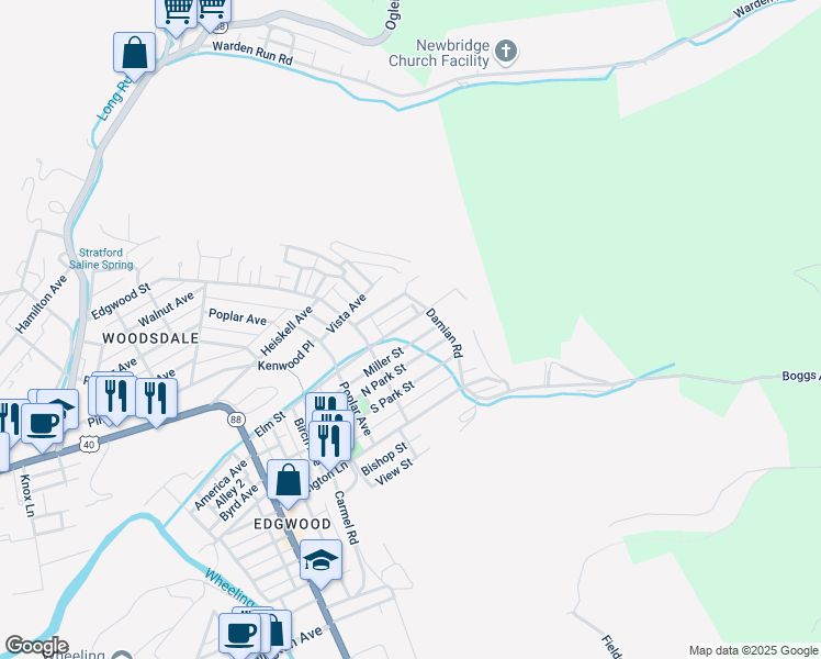 map of restaurants, bars, coffee shops, grocery stores, and more near 160-164 Elm Street in Wheeling
