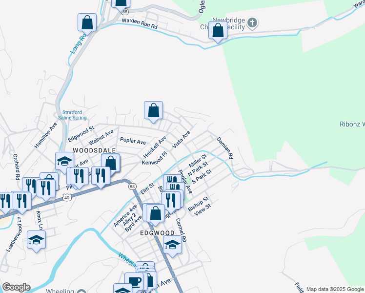 map of restaurants, bars, coffee shops, grocery stores, and more near 158 Edgwood Street in Wheeling