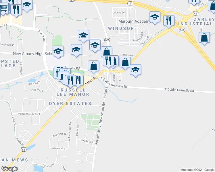 map of restaurants, bars, coffee shops, grocery stores, and more near 21 East Dublin Granville Road in New Albany