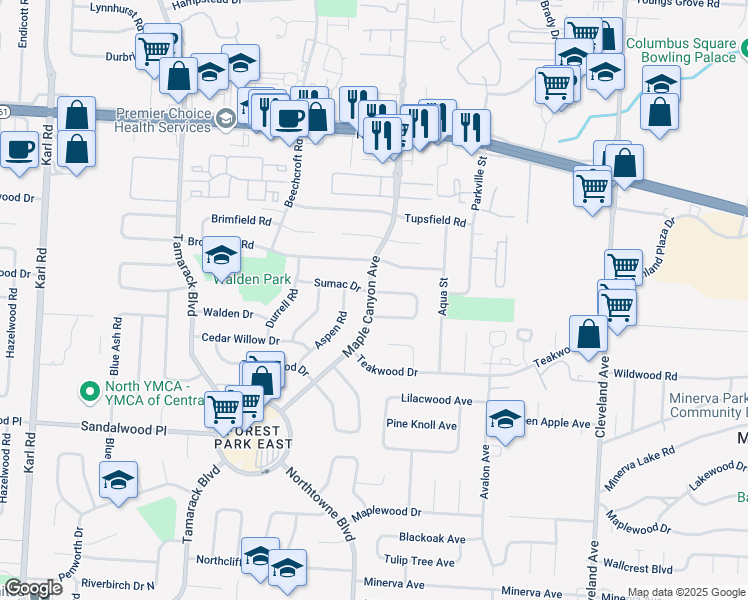 map of restaurants, bars, coffee shops, grocery stores, and more near 5523 Maple Canyon Avenue in Columbus