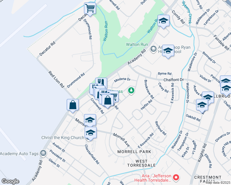 map of restaurants, bars, coffee shops, grocery stores, and more near 3505 Drumore Drive in Philadelphia