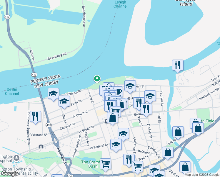 map of restaurants, bars, coffee shops, grocery stores, and more near 101 East Pearl Street in Burlington