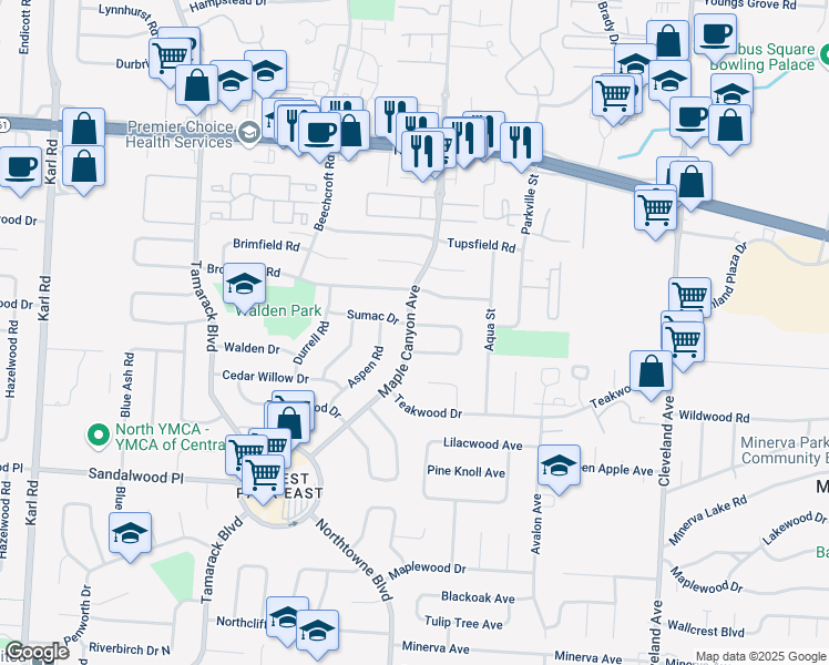 map of restaurants, bars, coffee shops, grocery stores, and more near 5523 Maple Canyon Avenue in Columbus