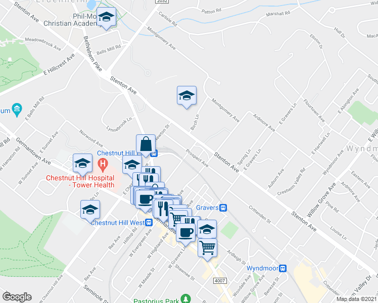 map of restaurants, bars, coffee shops, grocery stores, and more near Prospect Avenue in Philadelphia