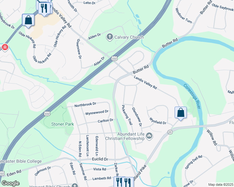 map of restaurants, bars, coffee shops, grocery stores, and more near 2130 Butter Road in Lancaster