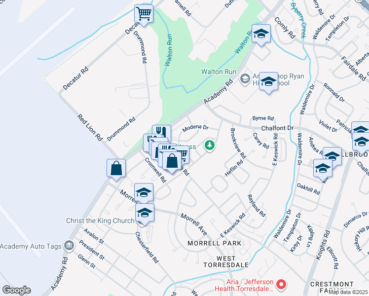 map of restaurants, bars, coffee shops, grocery stores, and more near 3505 Drumore Drive in Philadelphia