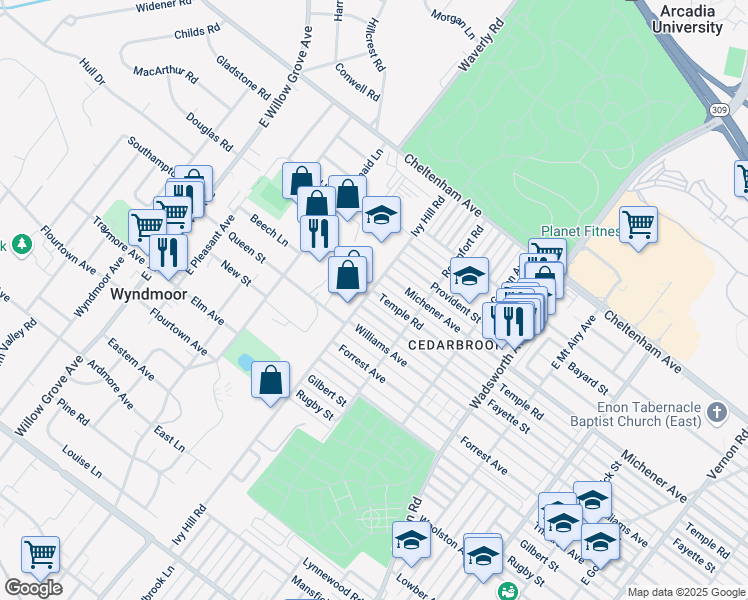 map of restaurants, bars, coffee shops, grocery stores, and more near 8656 Temple Road in Philadelphia