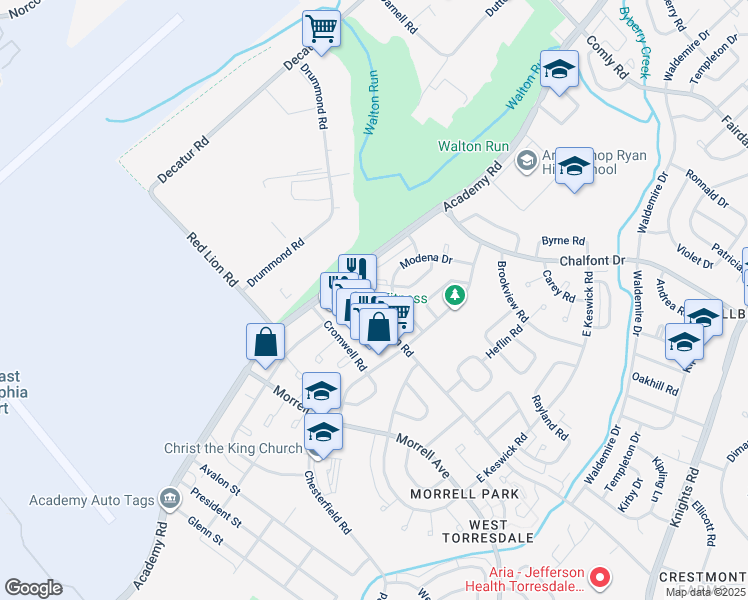 map of restaurants, bars, coffee shops, grocery stores, and more near 3229 Red Lion Road in Philadelphia