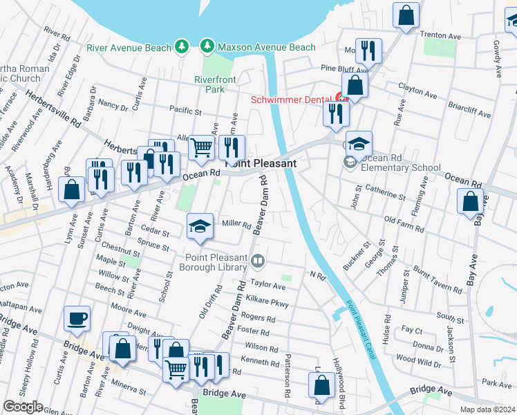 map of restaurants, bars, coffee shops, grocery stores, and more near 725 Beaver Dam Road in Point Pleasant