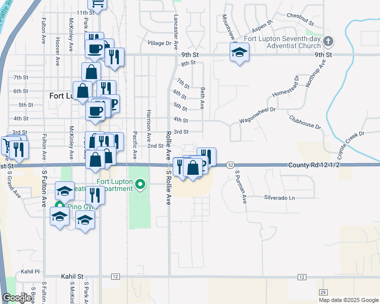 map of restaurants, bars, coffee shops, grocery stores, and more near 1365 2nd Street in Fort Lupton