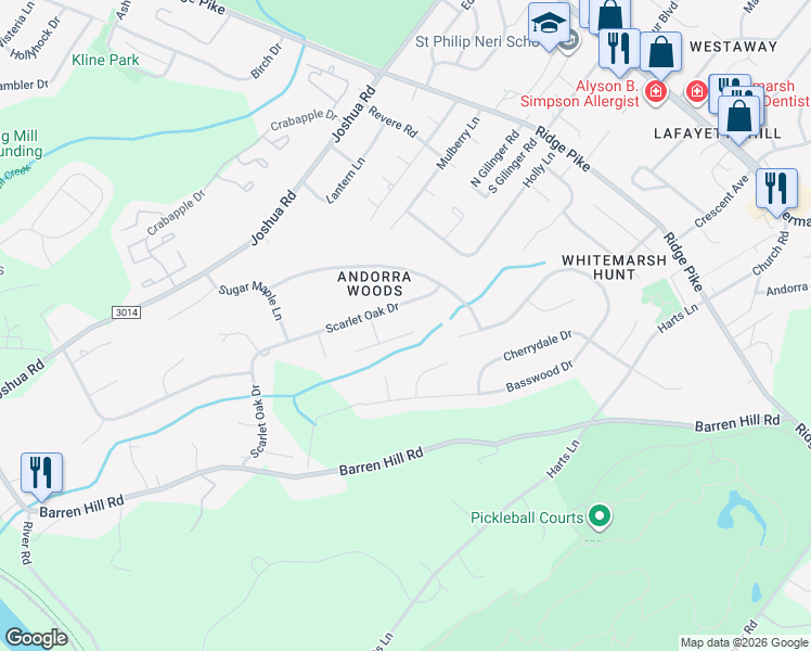 map of restaurants, bars, coffee shops, grocery stores, and more near 43 Scarlet Oak Drive in Lafayette Hill